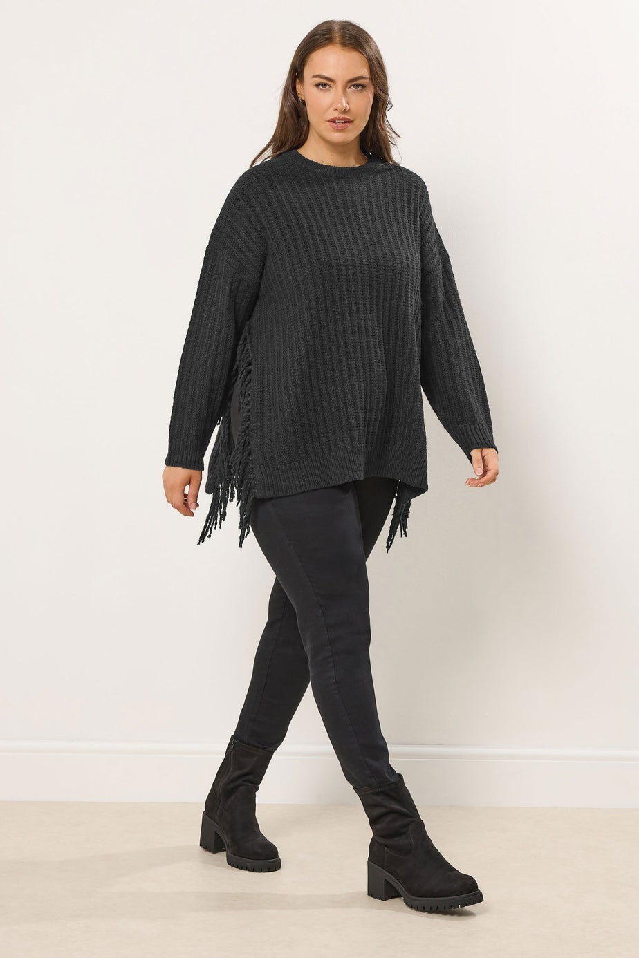 Yours Curve Black Fringe Knitted Jumper