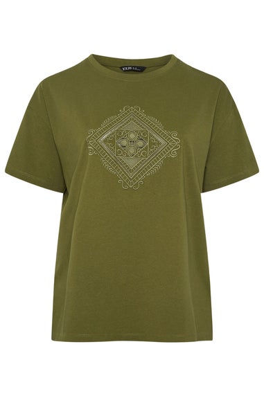 Yours Curve Green Embroidered Boho Diamond Oversized T-Shirt