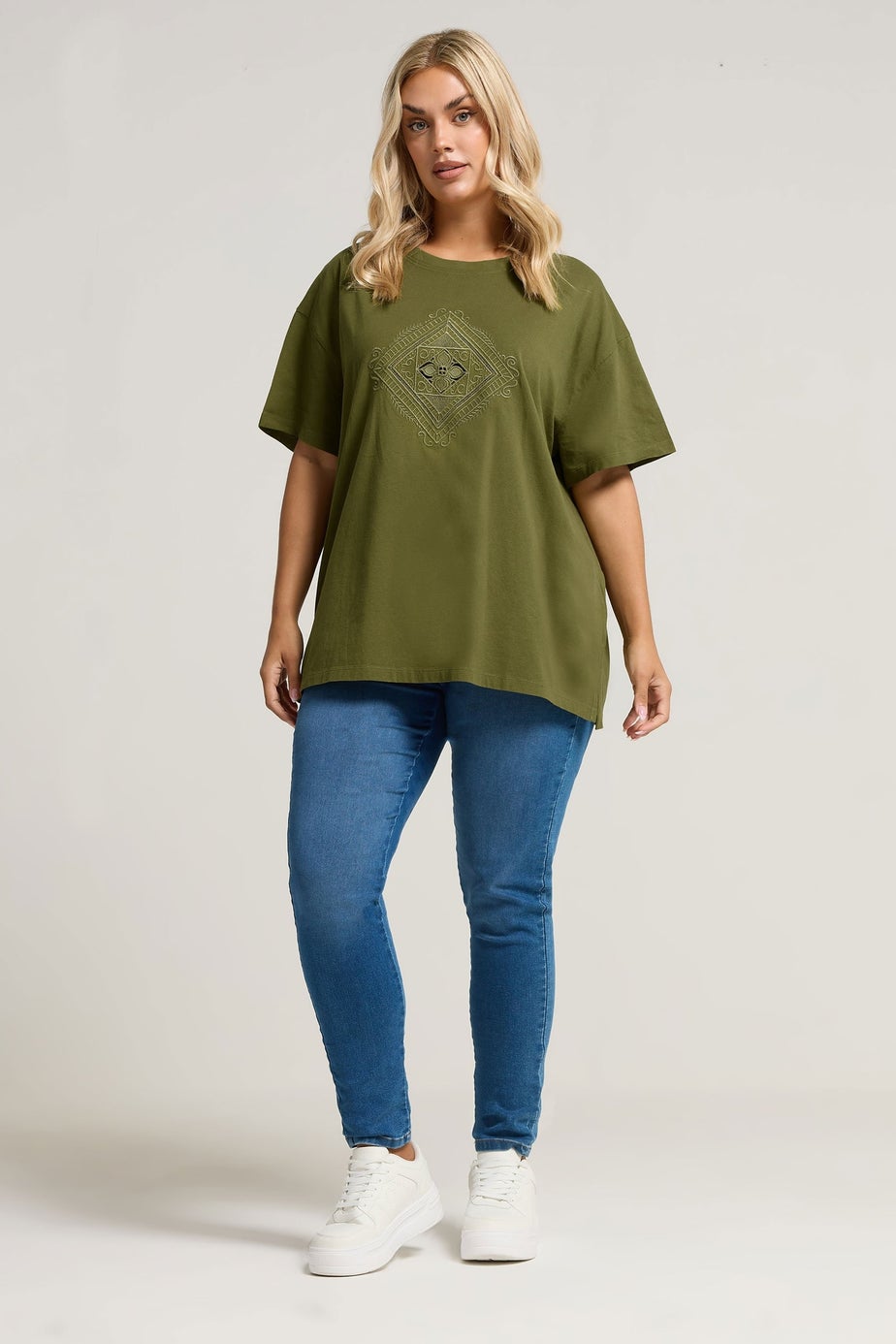 Yours Curve Green Embroidered Boho Diamond Oversized T-Shirt