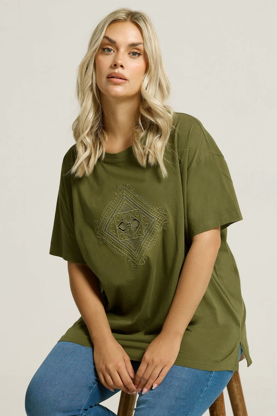 Yours Curve Green Embroidered Boho Diamond Oversized T-Shirt