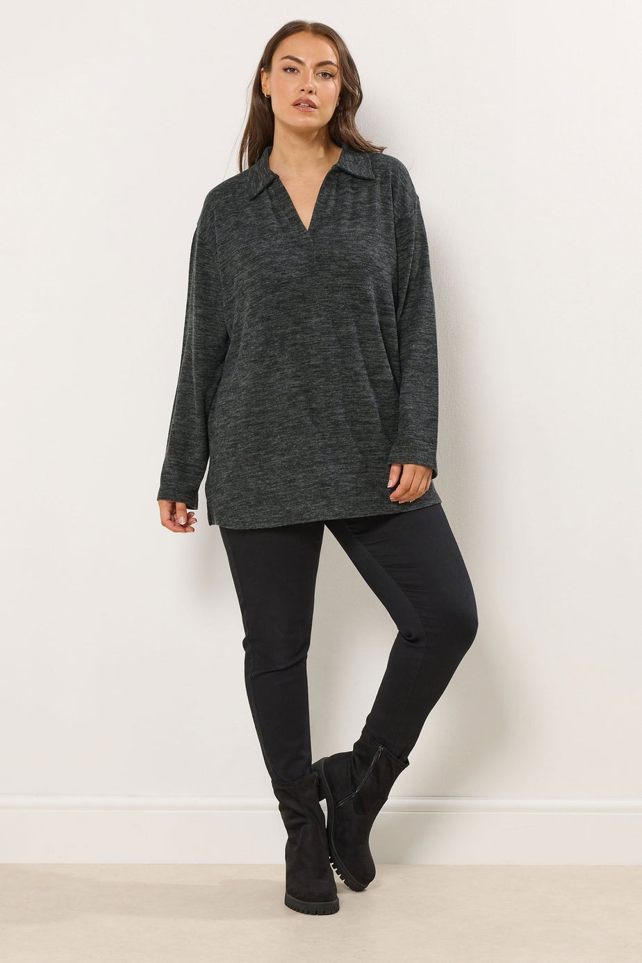 Yours Curve Charcoal Grey Soft Touch Collared Jumper