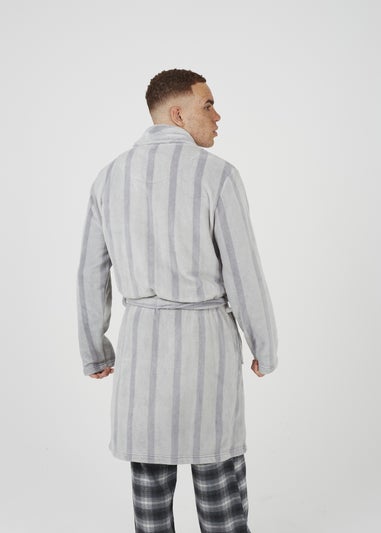 Brave Soul Grey Striped Long Length Sherpa Dressing Gown
