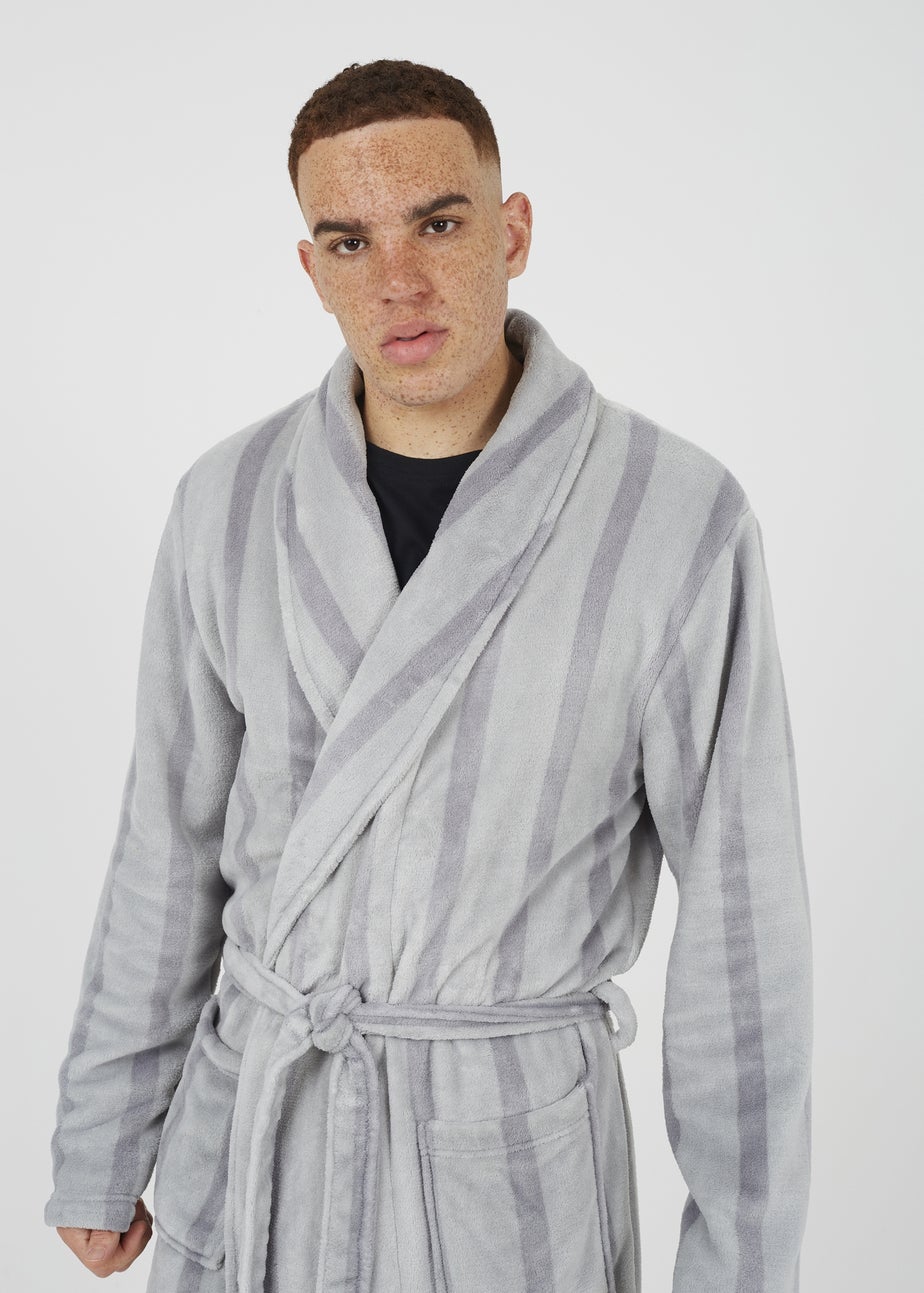 Brave Soul Grey Striped Long Length Sherpa Dressing Gown