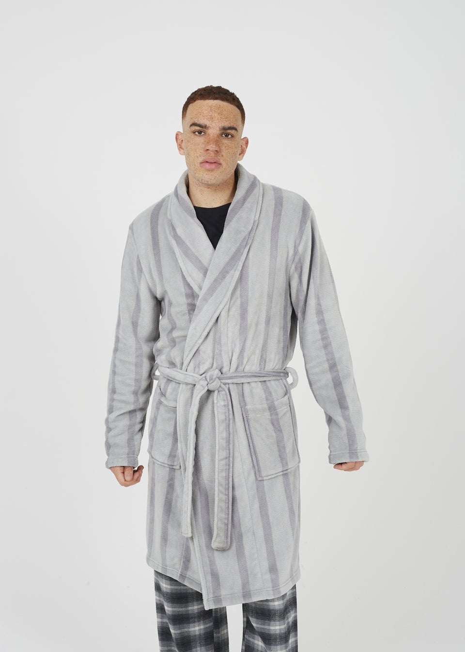 Brave Soul Grey Striped Long Length Sherpa Dressing Gown