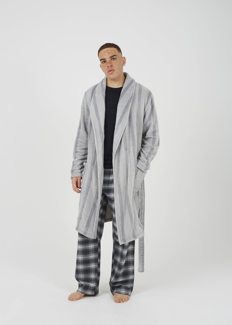 Brave Soul Grey Striped Long Length Sherpa Dressing Gown