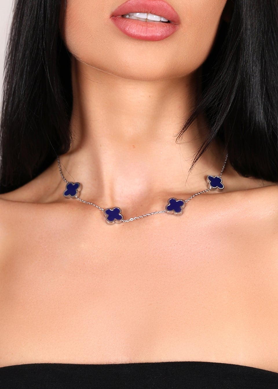 Say It With Silver Blue Clover Choker Necklace