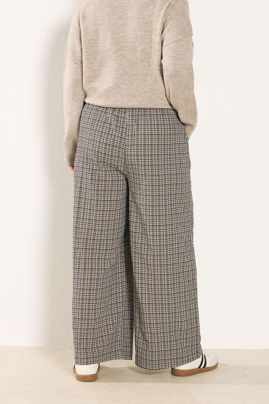 Yours Curve Cream Check Wide Leg Textured Trousers