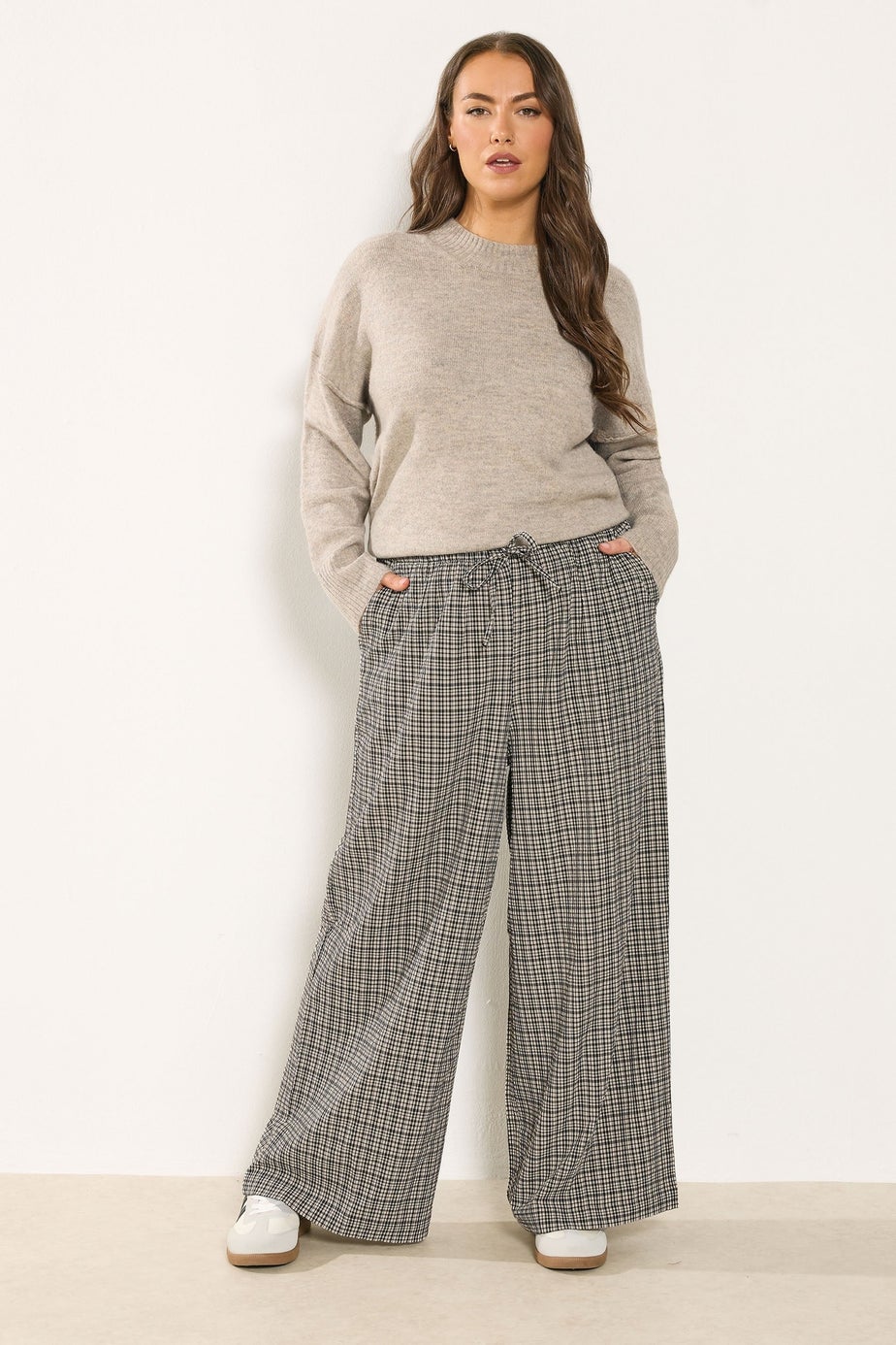 Yours Curve Cream Check Wide Leg Textured Trousers