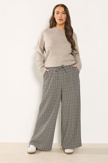 Yours Curve Cream Check Wide Leg Textured Trousers