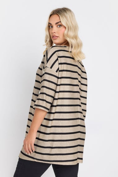 Yours Curve Natural Brown Striped Button Sleeve Top