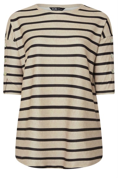 Yours Curve Natural Brown Striped Button Sleeve Top
