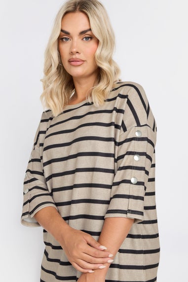Yours Curve Natural Brown Striped Button Sleeve Top