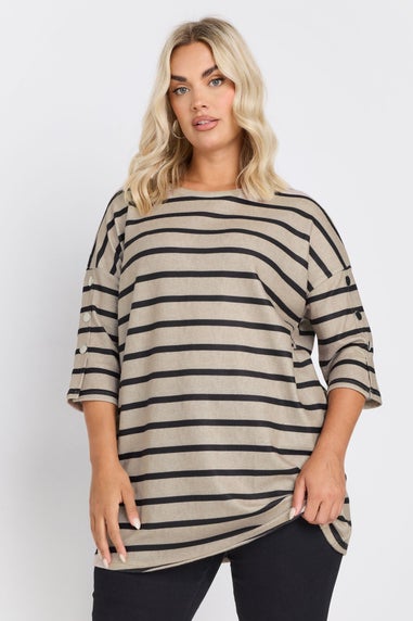 Yours Curve Natural Brown Striped Button Sleeve Top