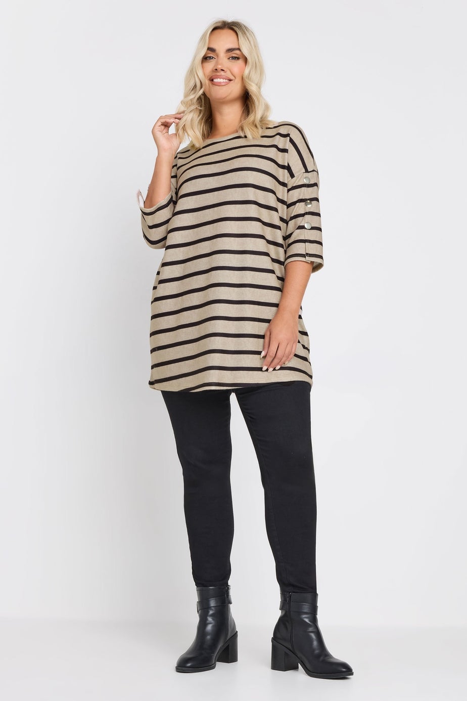 Yours Curve Natural Brown Striped Button Sleeve Top