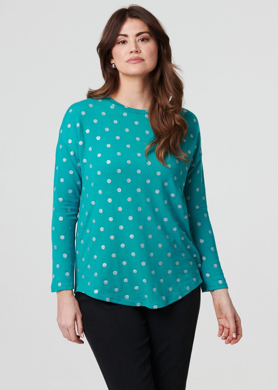 Izabel London Green Polka Dot Print Relaxed Long Sleeve Top