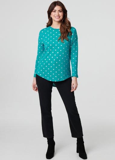 Izabel London Green Polka Dot Print Relaxed Long Sleeve Top