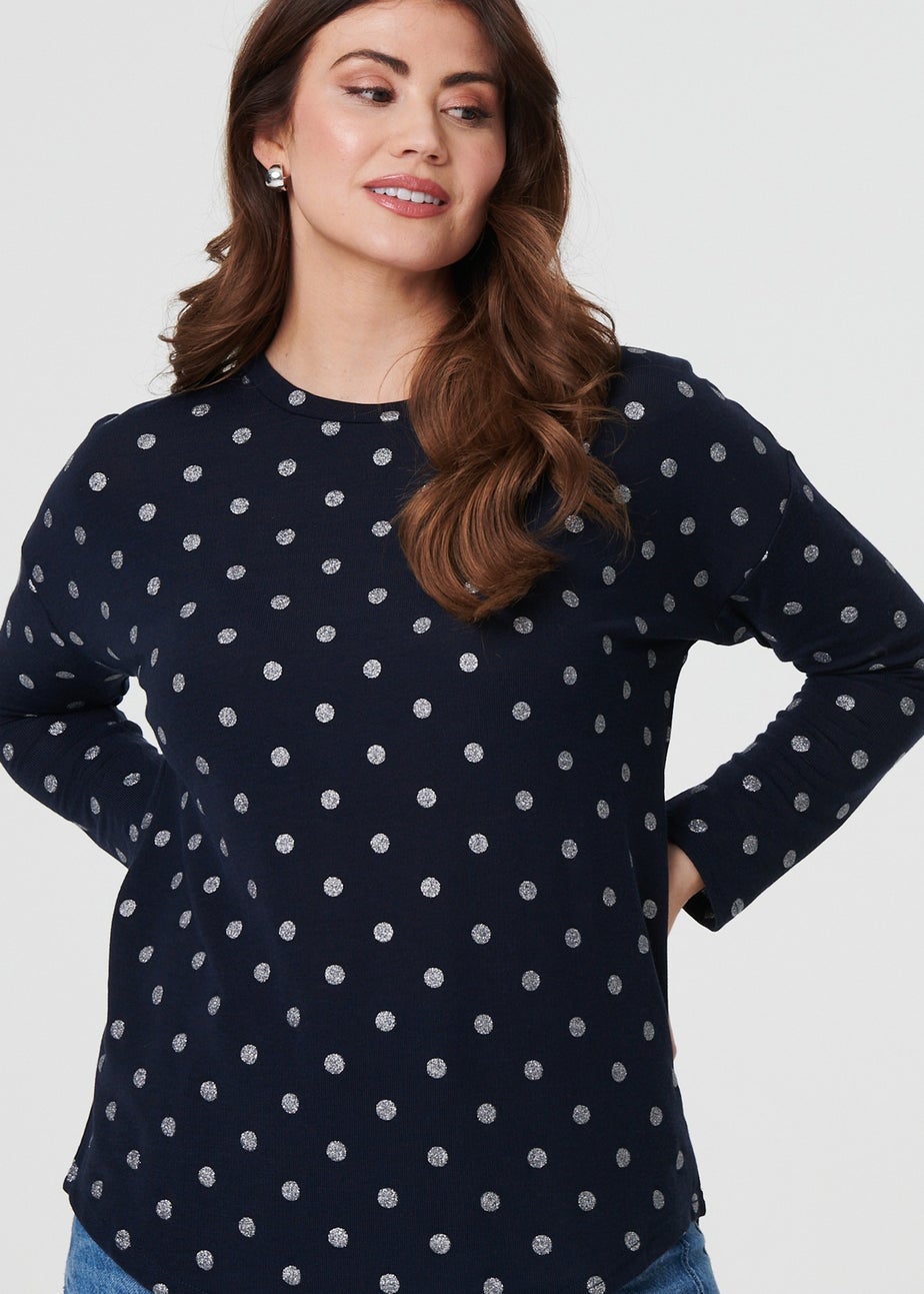 Izabel London Navy Polka Dot Print Relaxed Long Sleeve Top