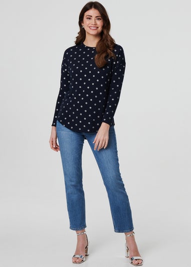 Izabel London Navy Polka Dot Print Relaxed Long Sleeve Top