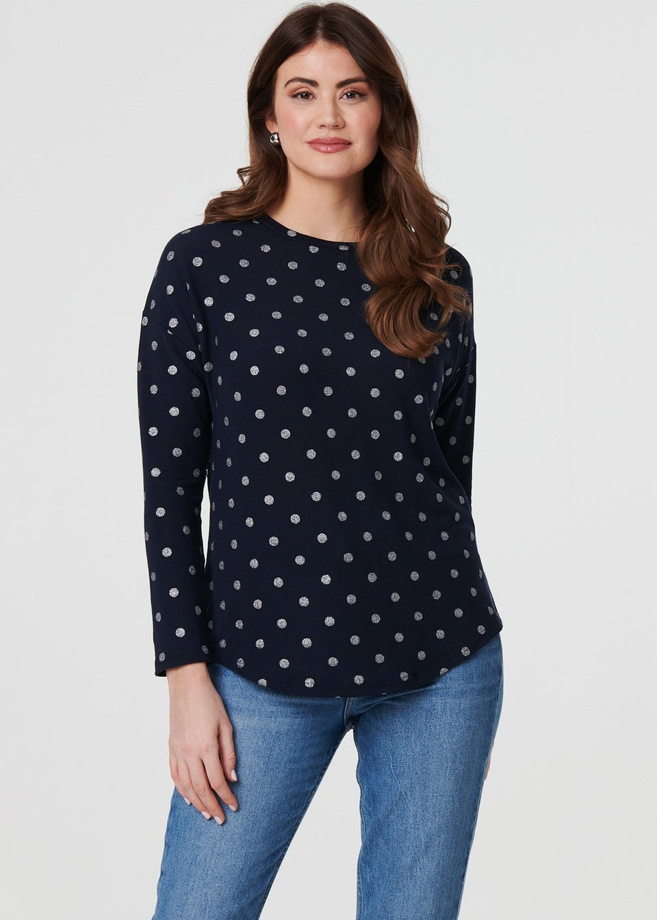 Izabel London Navy Polka Dot Print Relaxed Long Sleeve Top