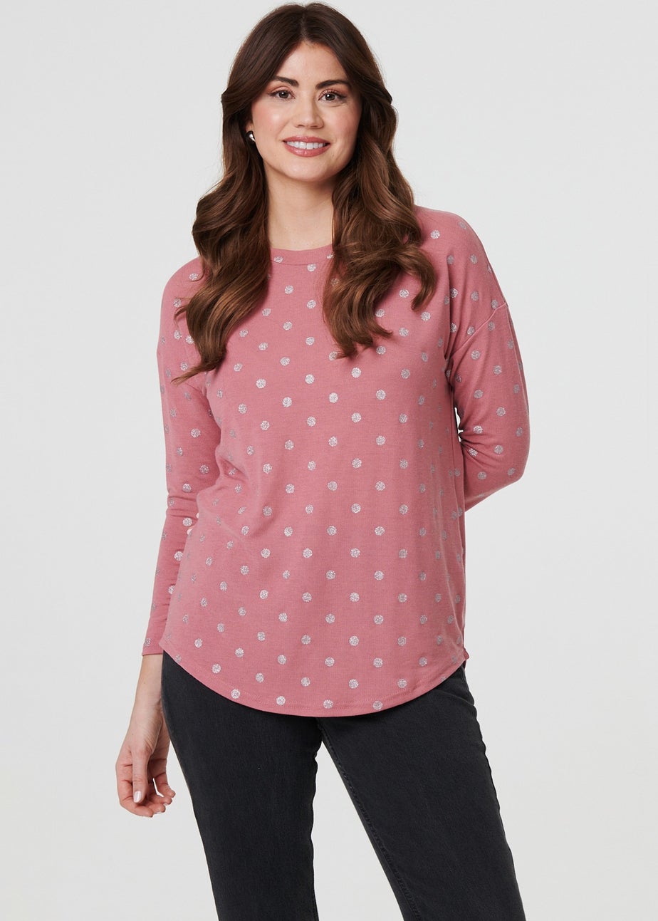 Izabel London Pink Polka Dot Print Relaxed Long Sleeve Top