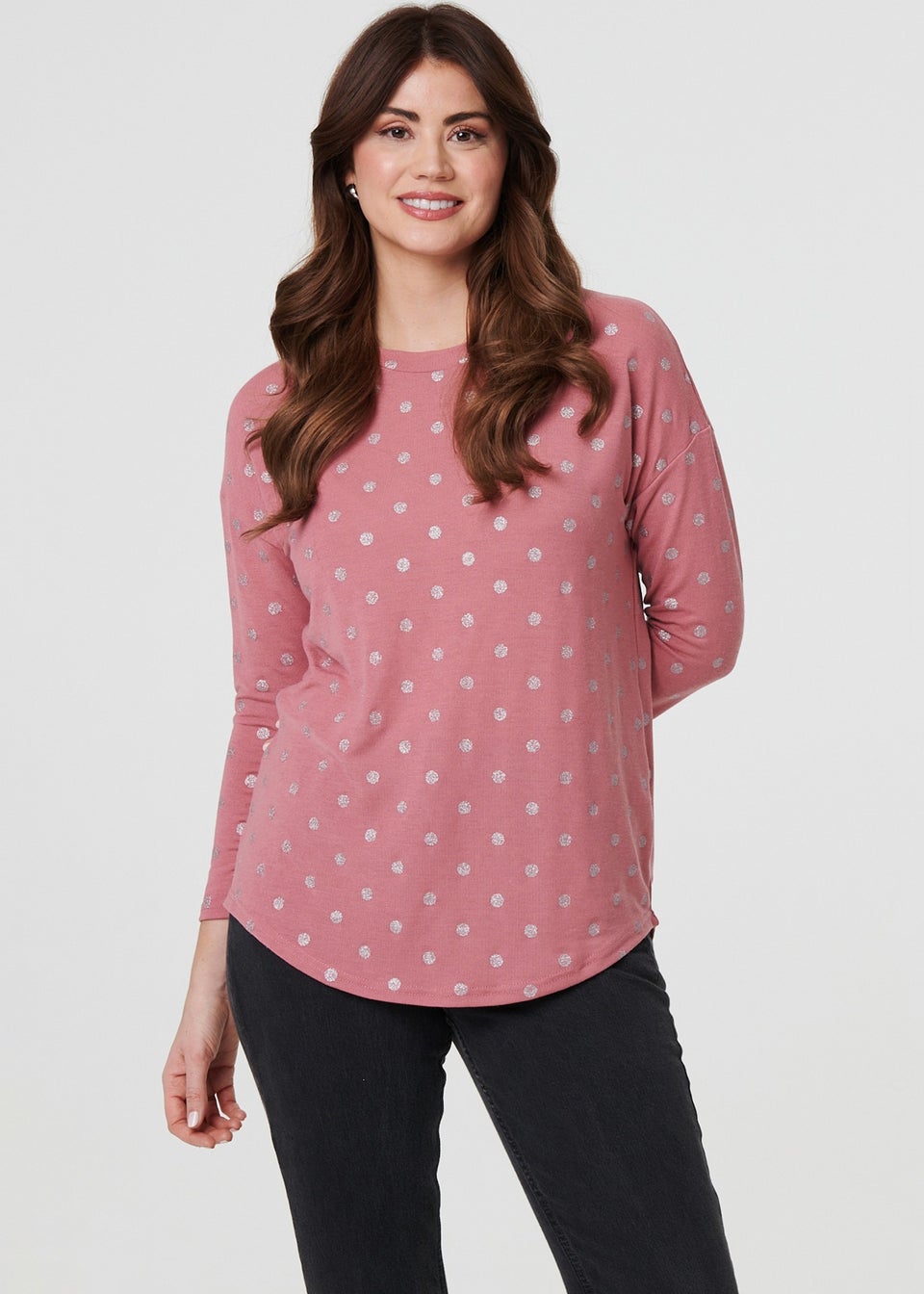 Izabel London Pink Polka Dot Print Relaxed Long Sleeve Top