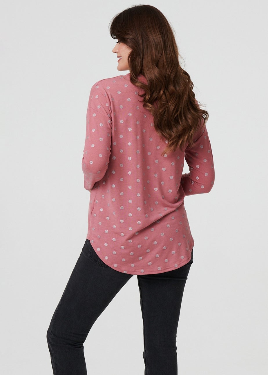 Izabel London Pink Polka Dot Print Relaxed Long Sleeve Top