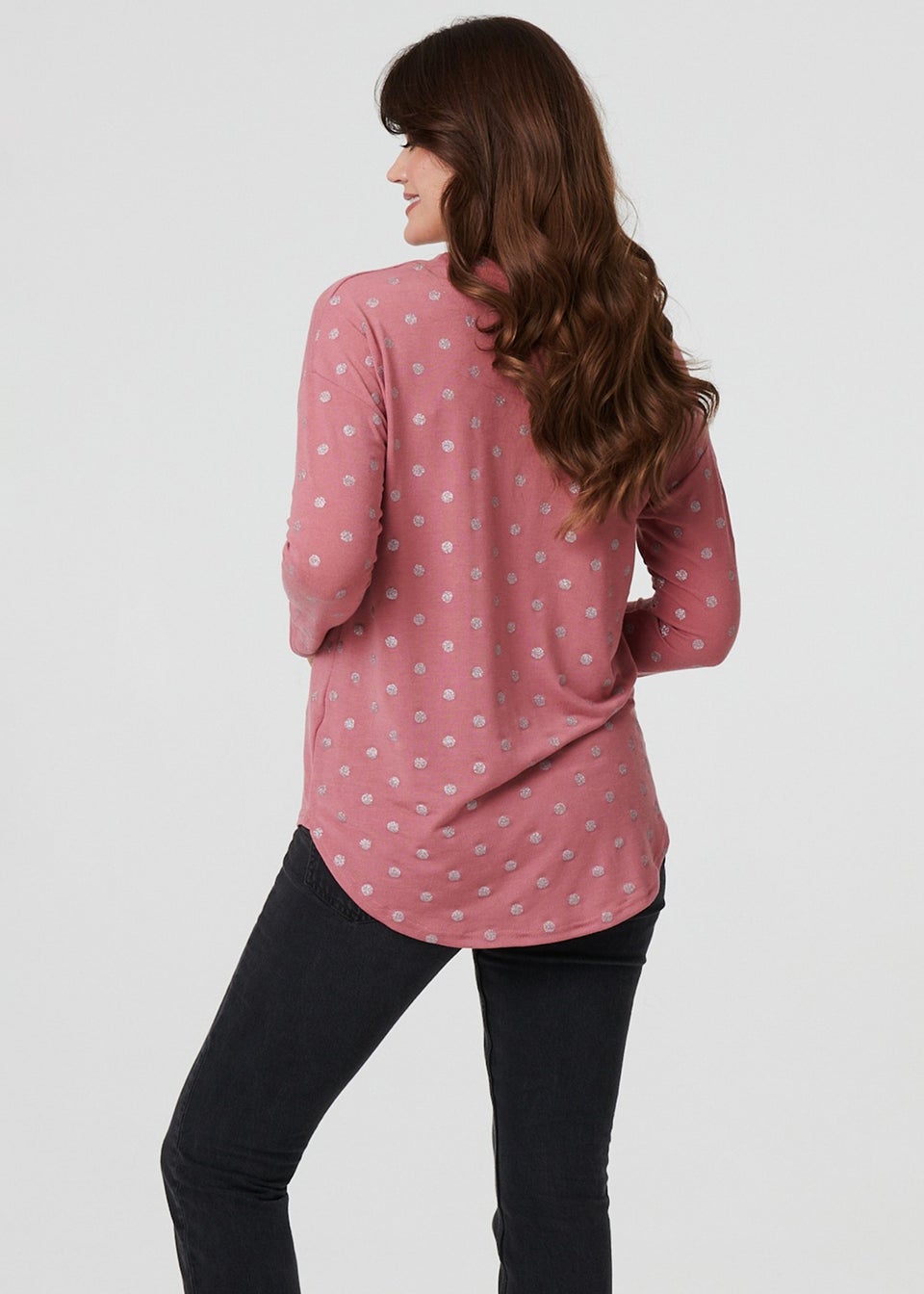 Izabel London Pink Polka Dot Print Relaxed Long Sleeve Top