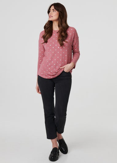 Izabel London Pink Polka Dot Print Relaxed Long Sleeve Top