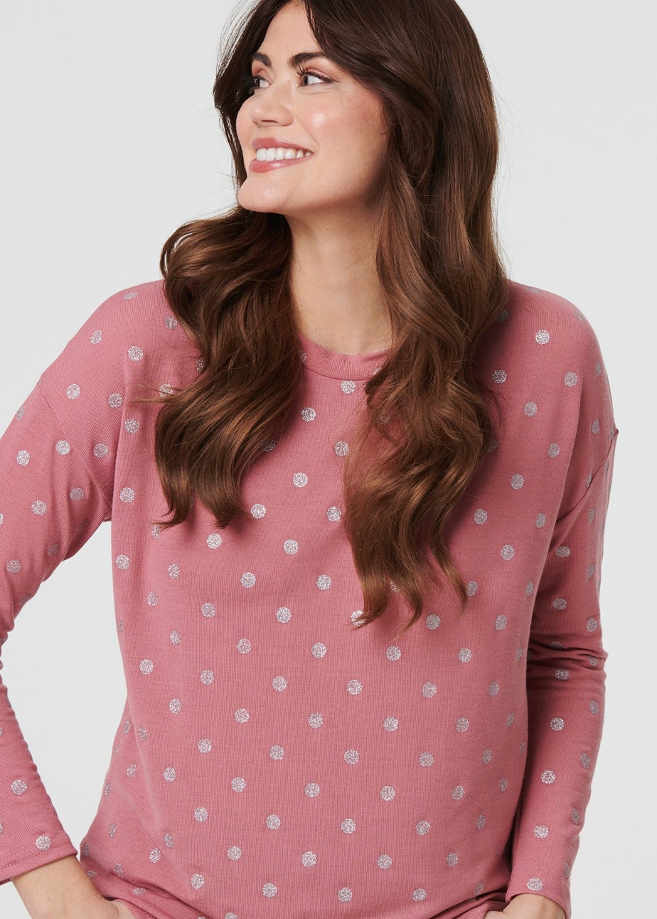 Izabel London Pink Polka Dot Print Relaxed Long Sleeve Top