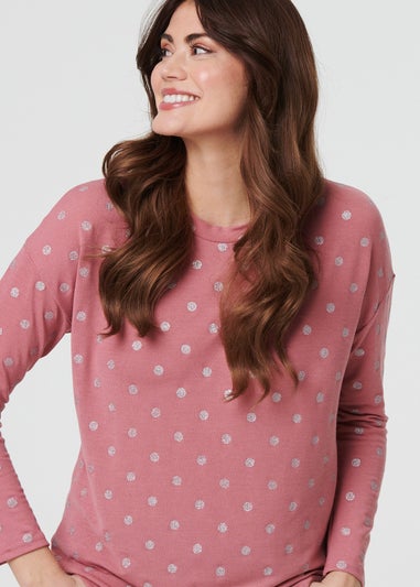 Izabel London Pink Polka Dot Print Relaxed Long Sleeve Top