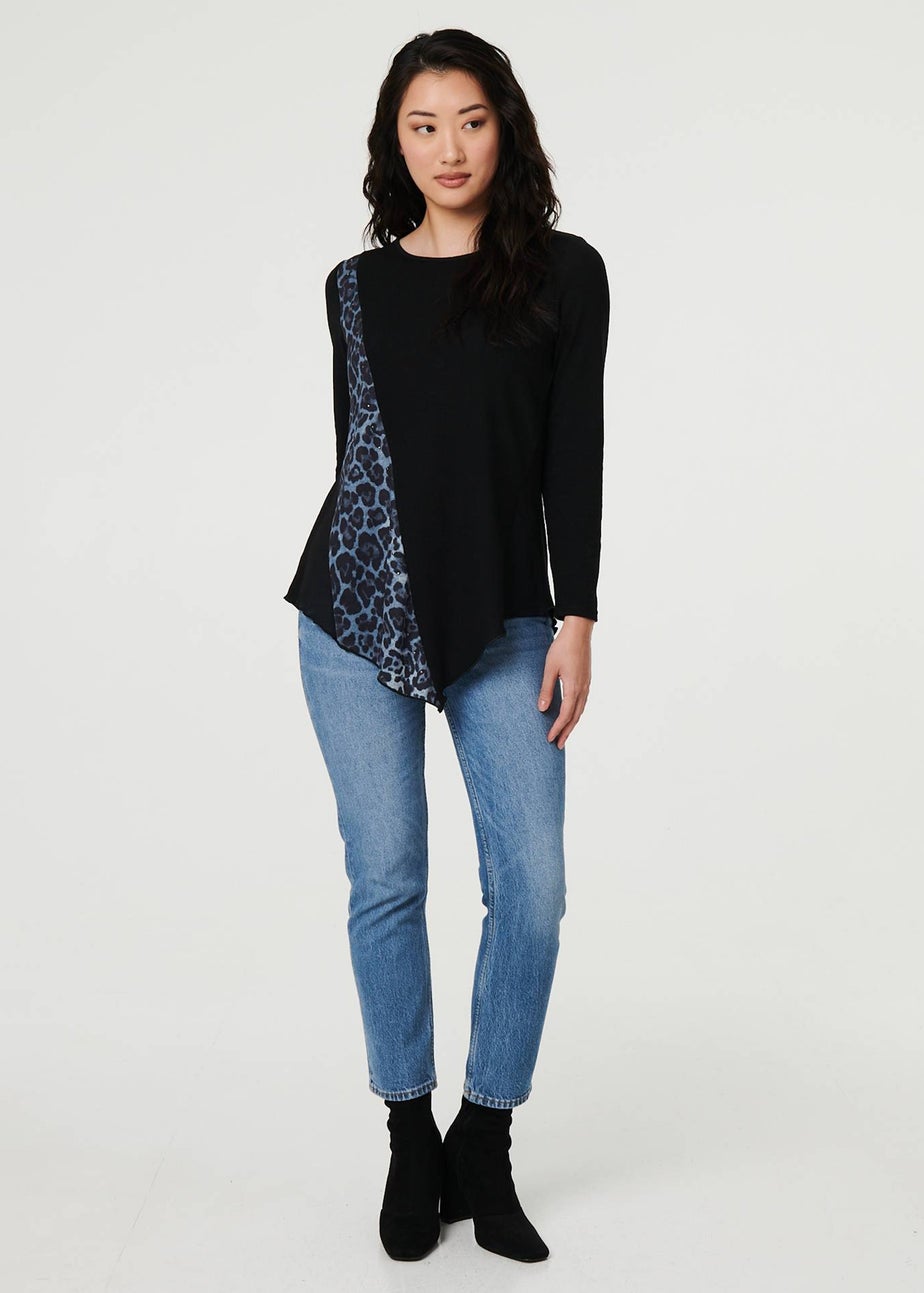 Izabel London Black Animal Print Asymmetric Long Sleeve Top