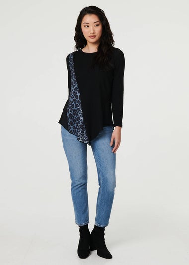 Izabel London Black Animal Print Asymmetric Long Sleeve Top