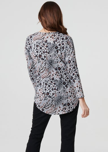 Izabel London Beige Animal Print Curve Hem Relaxed Top