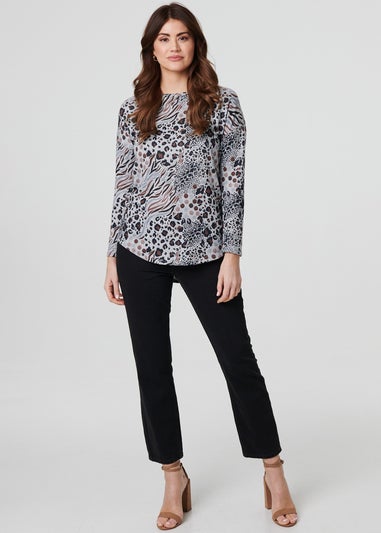 Izabel London Beige Animal Print Curve Hem Relaxed Top