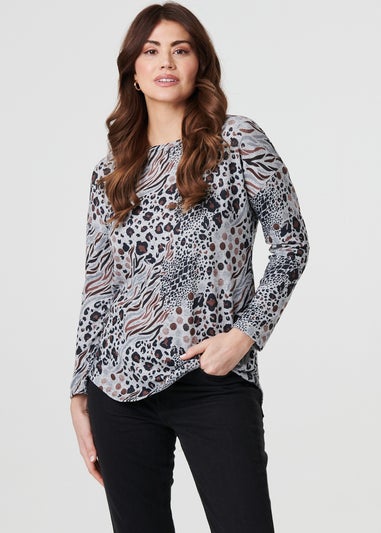 Izabel London Beige Animal Print Curve Hem Relaxed Top