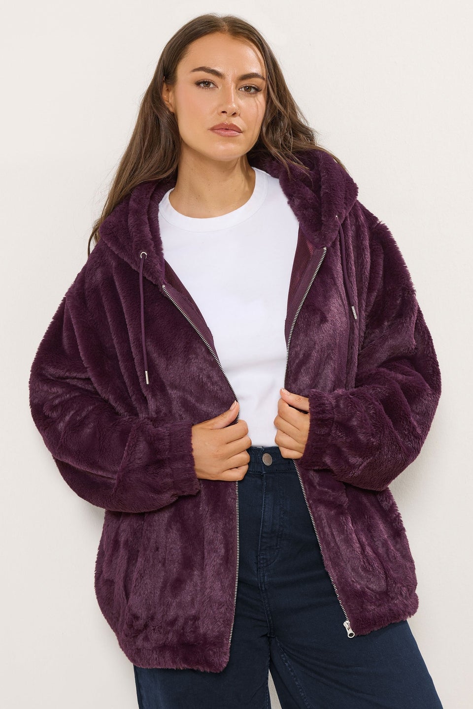 Yours Curve Burgundy Red Faux Fur Hooded Jacket
