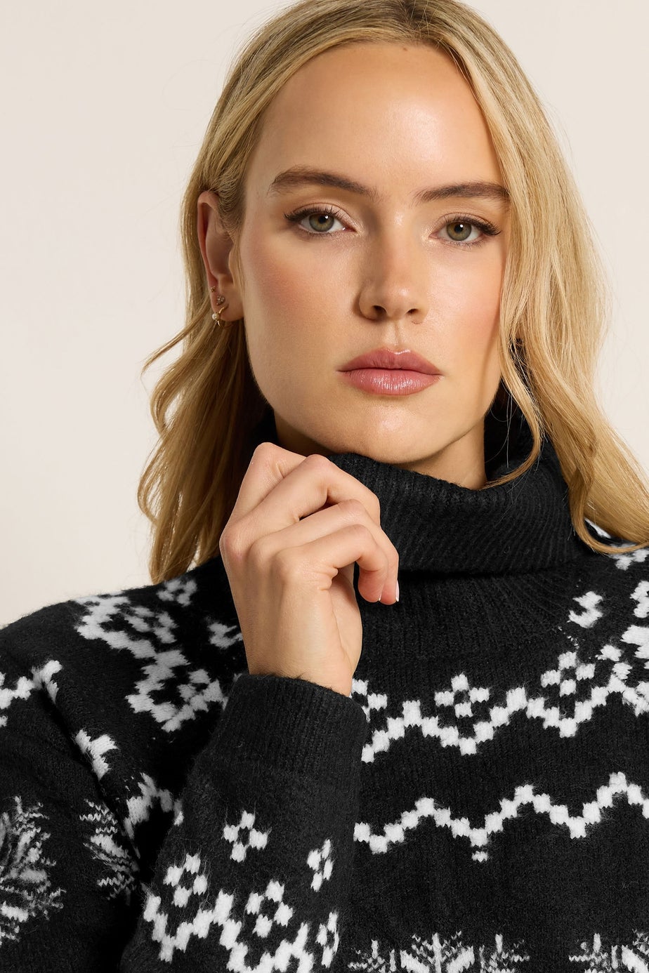 Long Tall Sally Black Knitted Snowflake Roll Neck Jumper