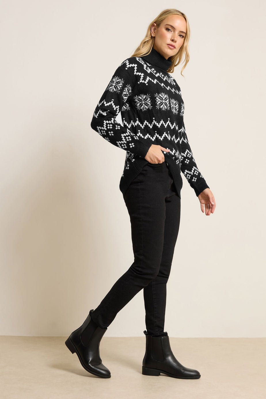 Long Tall Sally Black Knitted Snowflake Roll Neck Jumper