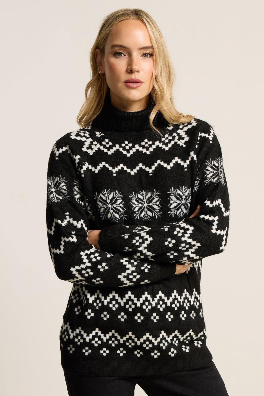 Long Tall Sally Black Knitted Snowflake Roll Neck Jumper