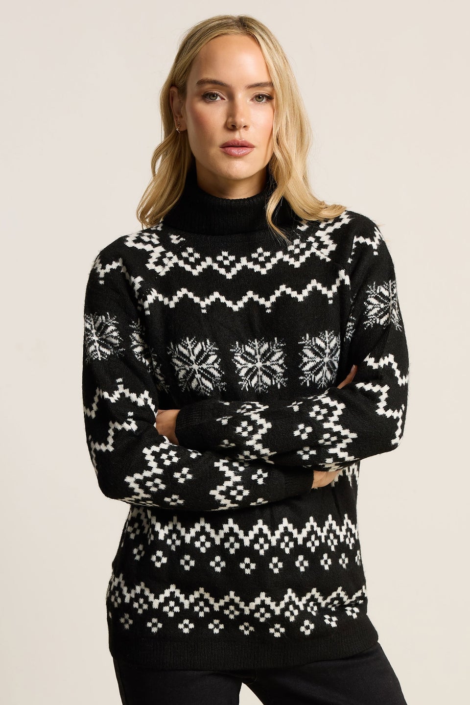 Long Tall Sally Black Knitted Snowflake Roll Neck Jumper