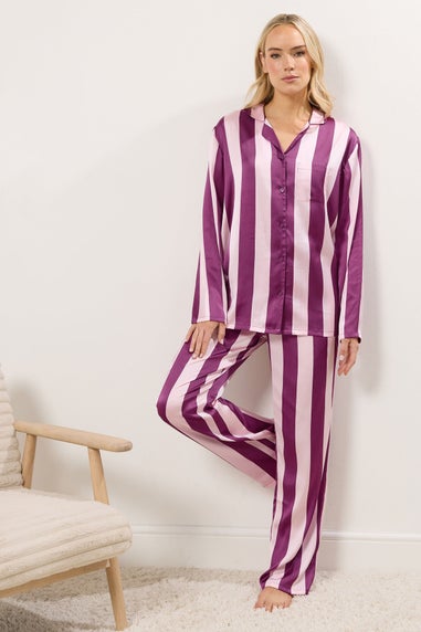 Long Tall Sally Burgundy Red Stripe Satin Pyjama Set