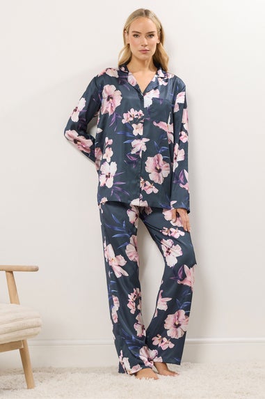 Long Tall Sally Grey Floral Satin Pyjama Set