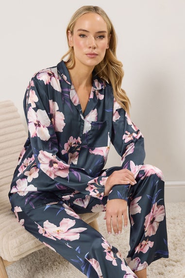 Long Tall Sally Grey Floral Satin Pyjama Set
