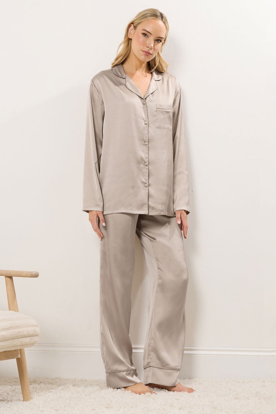 Long Tall Sally Natural Brown Satin Pyjama Set