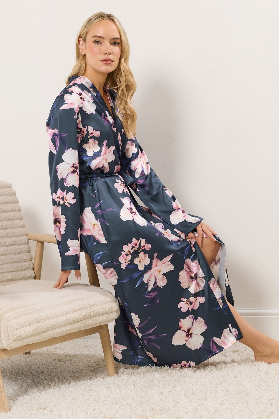 Long Tall Sally Grey Floral Maxi Satin Robe