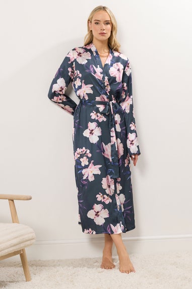 Long Tall Sally Grey Floral Maxi Satin Robe