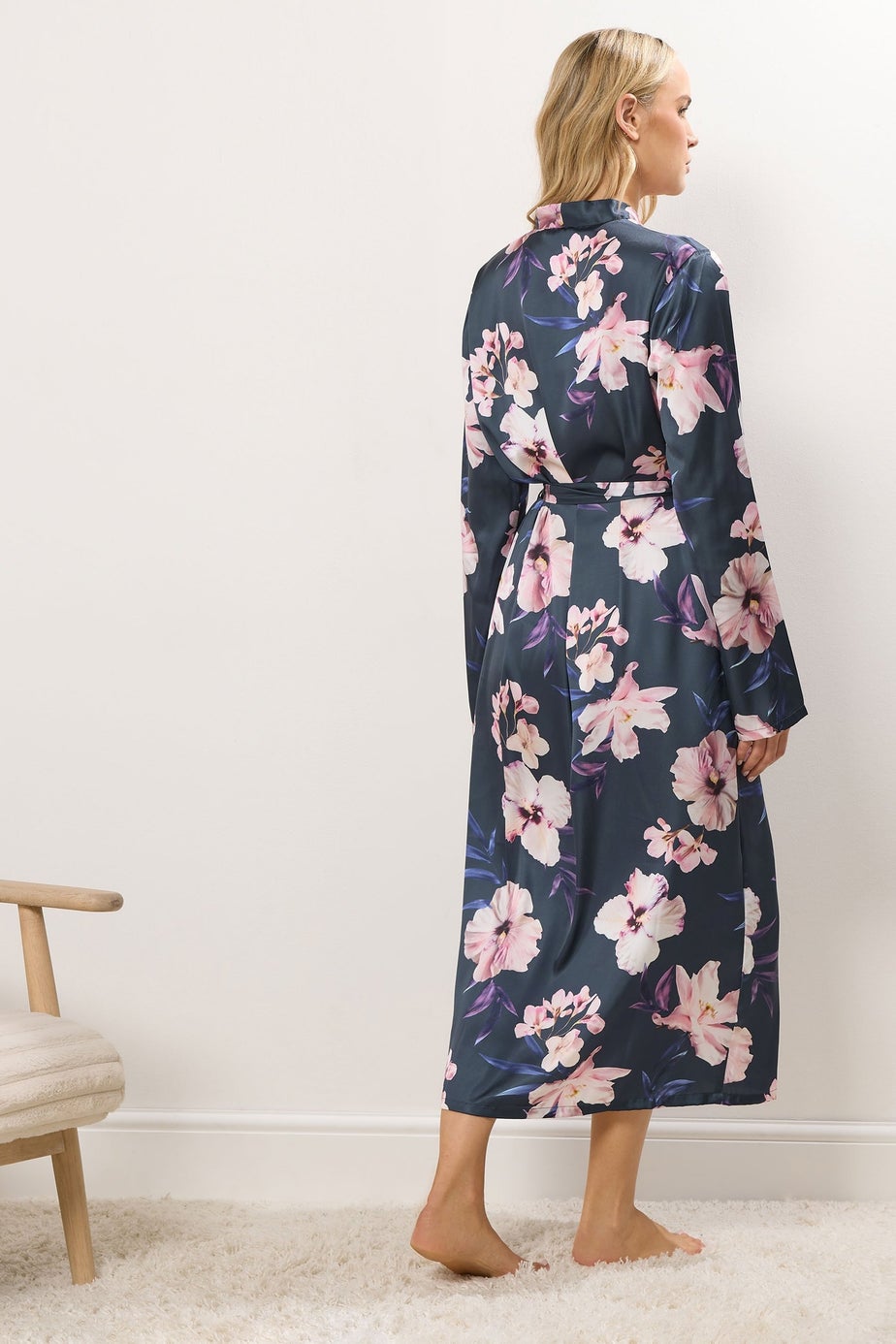 Long Tall Sally Grey Floral Maxi Satin Robe