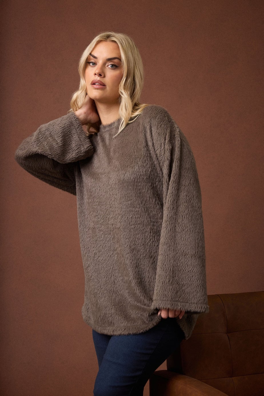 Yours Curve Brown Fluffy Knit Jumper