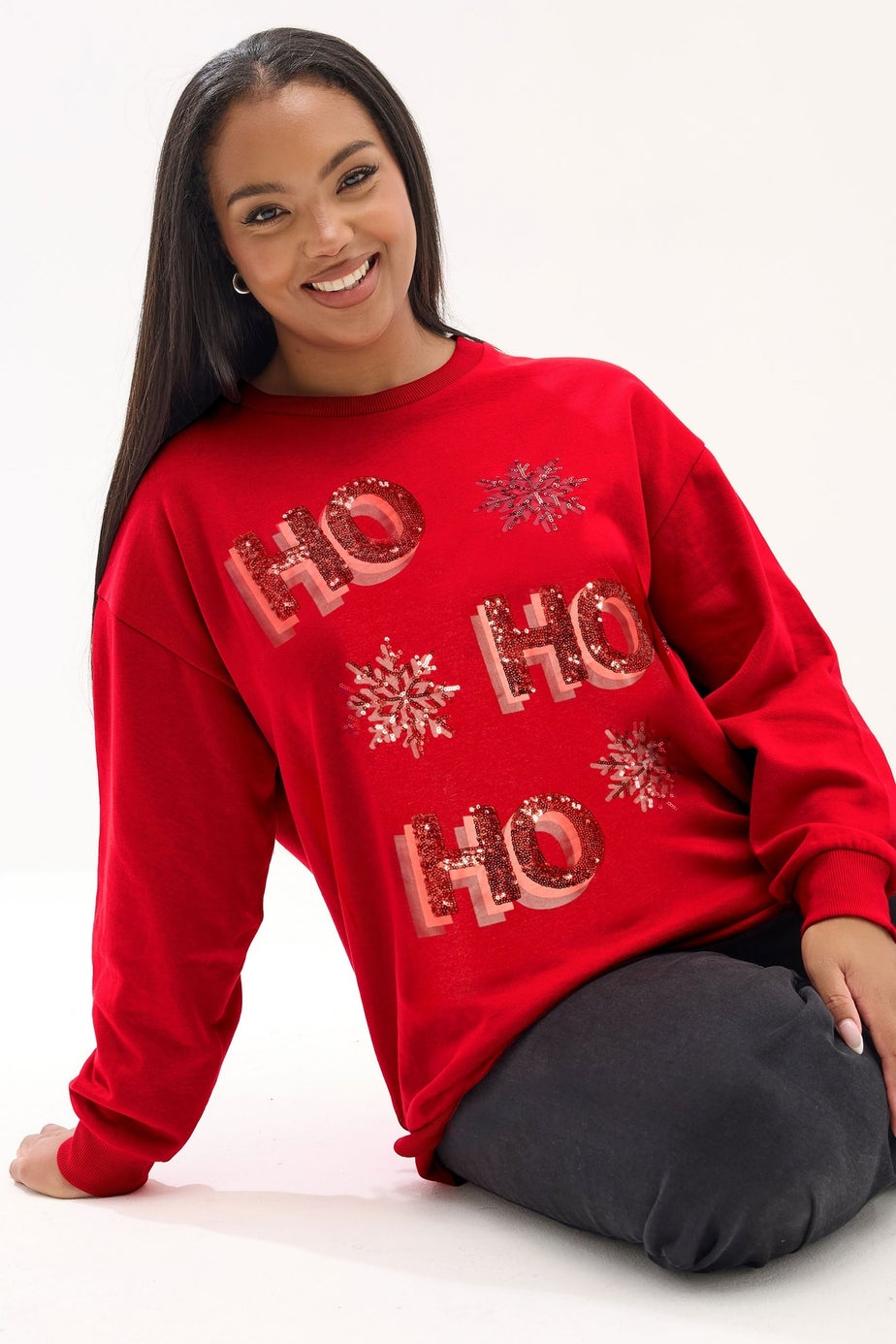 Yours Curve Red Sequin 'Ho Ho Ho' Sweatshirt