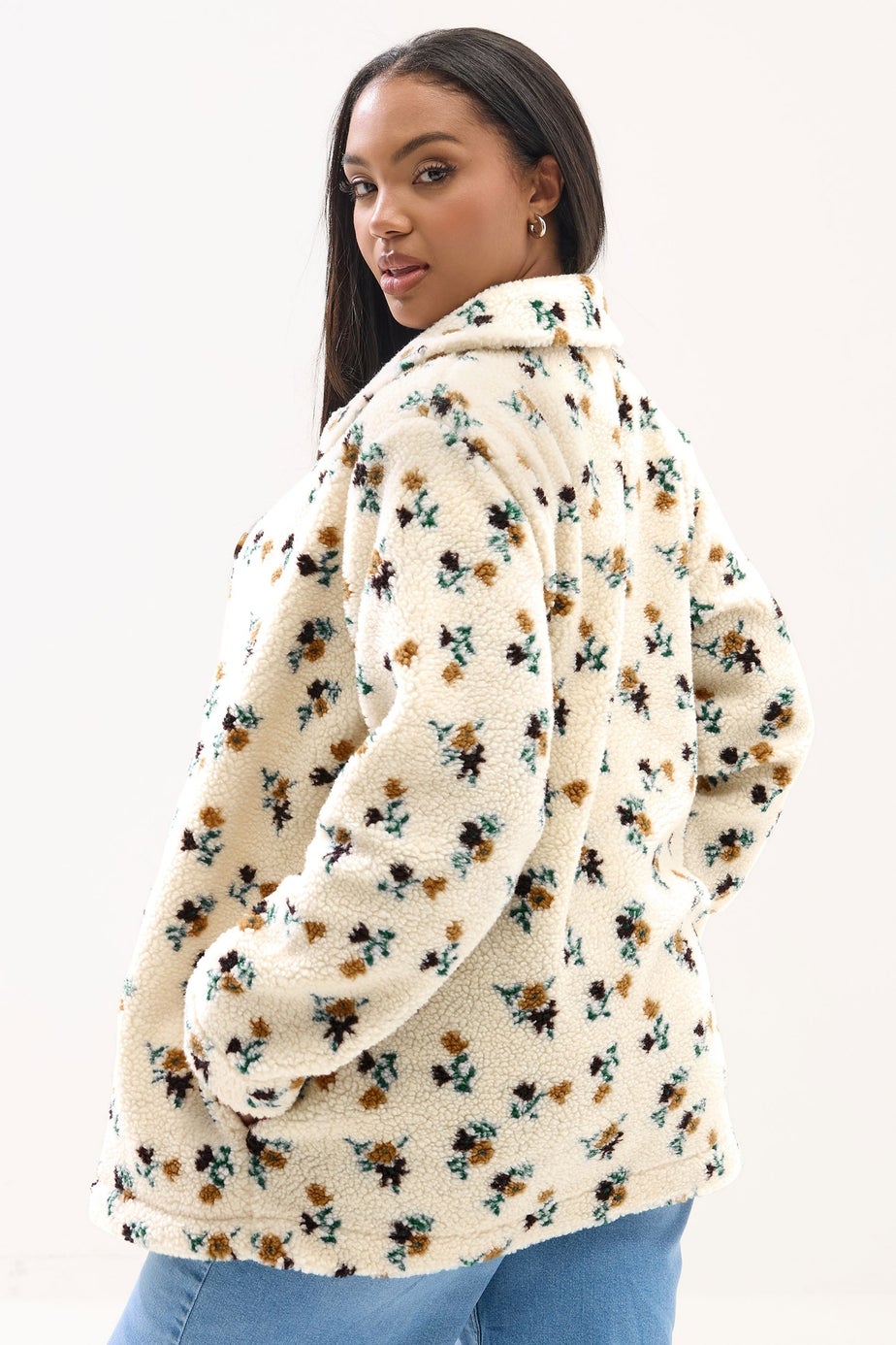 Yours Curve Ivory White Floral Print Teddy Fleece Jacket
